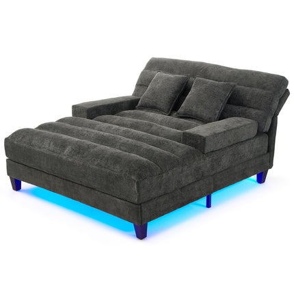 Modern Chaise Lounge Sofa 57.1" Sofa Bed Chenille Upholstered Lounge Sofa Chair with Adjustable Backrest and LED Light Strip for Living Room, Grey
