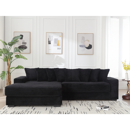 Oversized Two-Piece Couches, L Shaped Sofa, Corduroy, Left Chaise Daybed,with Armrests,Eight Throw Pillows,Corner Sofa,Easy To Assemble, Black