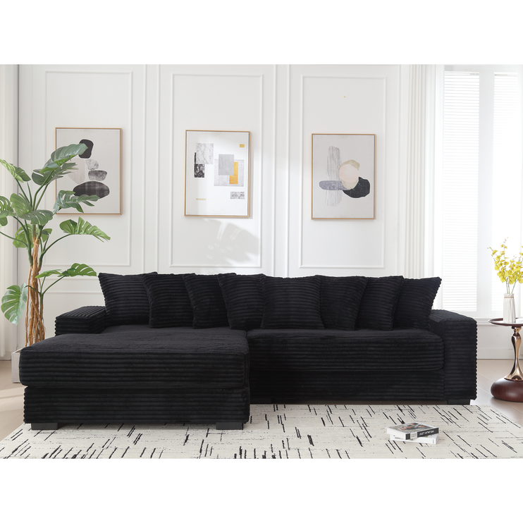 Oversized Two-Piece Couches, L Shaped Sofa, Corduroy, Left Chaise Daybed,with Armrests,Eight Throw Pillows,Corner Sofa,Easy To Assemble, Black