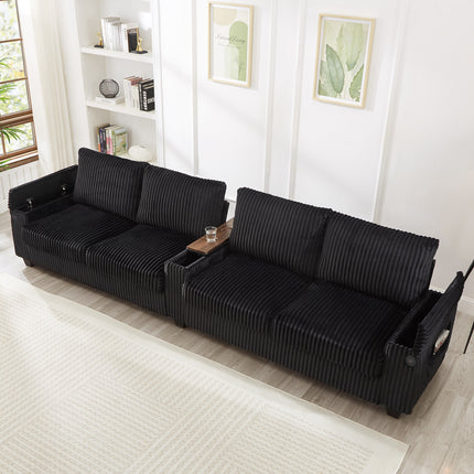 4-seater Corduroy Sofa Couch 133" Modern Sofa with USB Ports, Hidden Storage Arms, Flip-Top Cup Holders for Living Room, Black