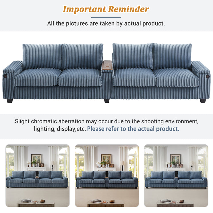 4-seater Corduroy Sofa Couch 133" Modern Sofa with USB Ports, Hidden Storage Arms, Flip-Top Cup Holders for Living Room, Blue