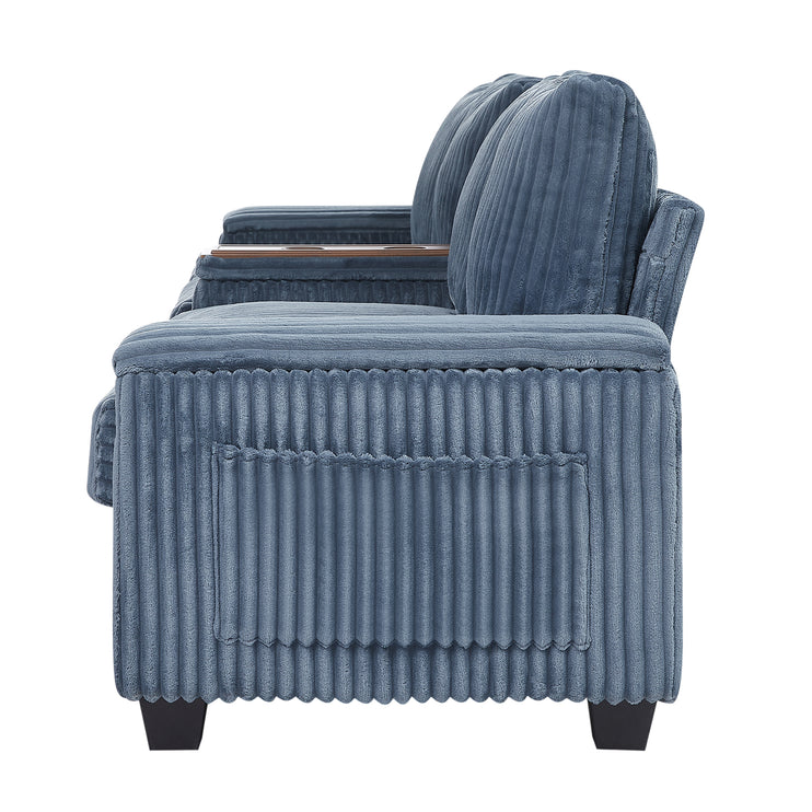 4-seater Corduroy Sofa Couch 133" Modern Sofa with USB Ports, Hidden Storage Arms, Flip-Top Cup Holders for Living Room, Blue