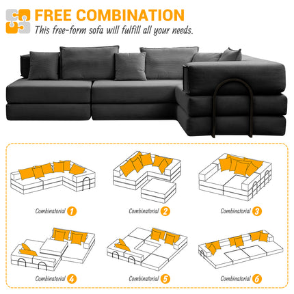 Oversized Upholstered Sectional Sofa Couch Set,Modular 118.2" L Shaped Floor Living Room Sofa Set With 6 Pillows,DIY Combination Sofa Couch for living rooms, apartments,bedrooms,Black