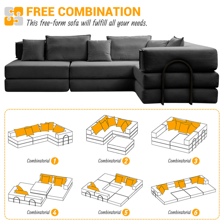 Oversized Upholstered Sectional Sofa Couch Set,Modular 118.2" L Shaped Floor Living Room Sofa Set With 6 Pillows,DIY Combination Sofa Couch for living rooms, apartments,bedrooms,Black
