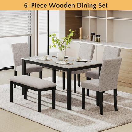 Zevemomo 6-Piece Wood Dining Table Set with Upholstered Chairs and Bench for Dining Room, Kitchen, Restaurant, Black & Grey