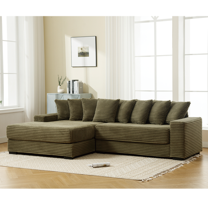 Oversized Two-Piece Couches, L Shaped Sofa, Corduroy, Left Chaise Daybed,with Armrests,Eight Throw Pillows,Corner Sofa,Easy To Assemble, Green