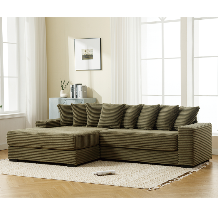 Oversized Two-Piece Couches, L Shaped Sofa, Corduroy, Left Chaise Daybed,with Armrests,Eight Throw Pillows,Corner Sofa,Easy To Assemble, Green