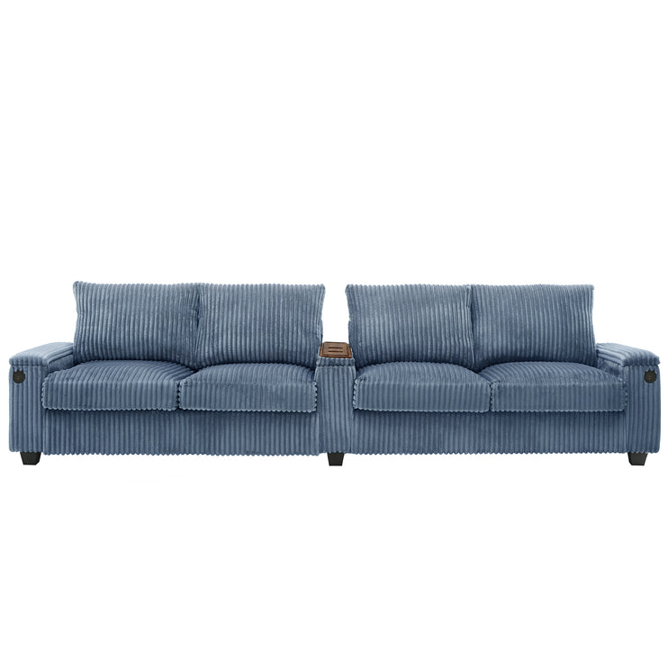 4-seater Corduroy Sofa Couch 133" Modern Sofa with USB Ports, Hidden Storage Arms, Flip-Top Cup Holders for Living Room, Blue