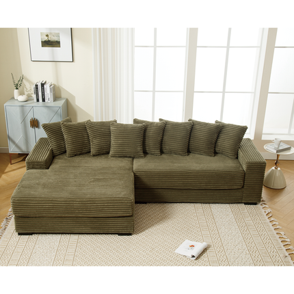 Oversized Two-Piece Couches, L Shaped Sofa, Corduroy, Left Chaise Daybed,with Armrests,Eight Throw Pillows,Corner Sofa,Easy To Assemble, Green