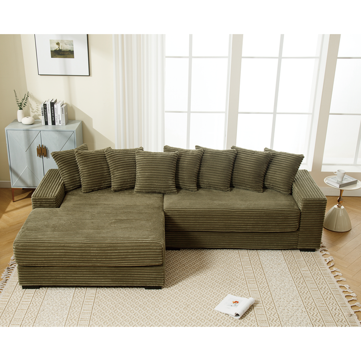 Oversized Two-Piece Couches, L Shaped Sofa, Corduroy, Left Chaise Daybed,with Armrests,Eight Throw Pillows,Corner Sofa,Easy To Assemble, Green