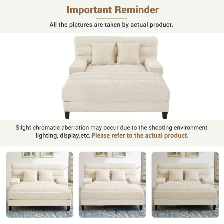 Modern Chaise Lounge Sofa 57.1" Sofa Bed Chenille Upholstered Lounge Sofa Chair with Adjustable Backrest and LED Light Strip for Living Room, Beige
