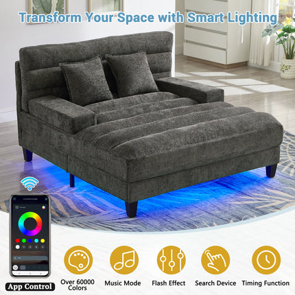 Modern Chaise Lounge Sofa 57.1" Sofa Bed Chenille Upholstered Lounge Sofa Chair with Adjustable Backrest and LED Light Strip for Living Room, Grey