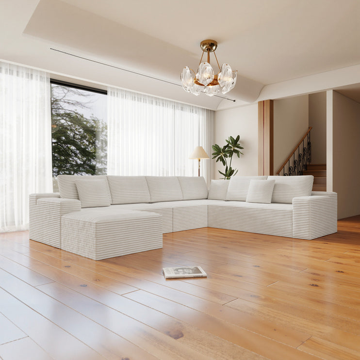 137.8*104.3"Modular sectional sofa seat,Upholstered compressed couch for living room,Bedroom,Apartment,No assembly required,4 PC free combination,Plush corduroy fabric,WHITE