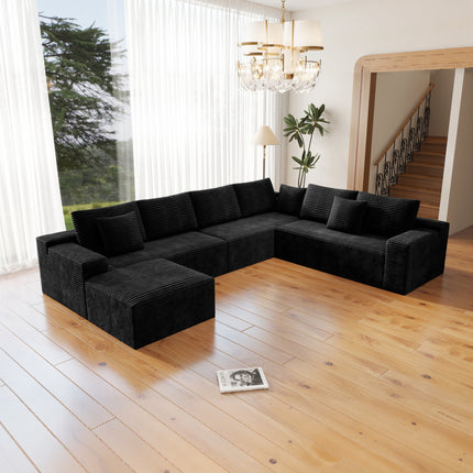 137.8*104.3"Modular sectional sofa seat,Upholstered compressed couch for living room,Bedroom,Apartment,No assembly required,4 PC free combination,Plush corduroy fabric,BLACK