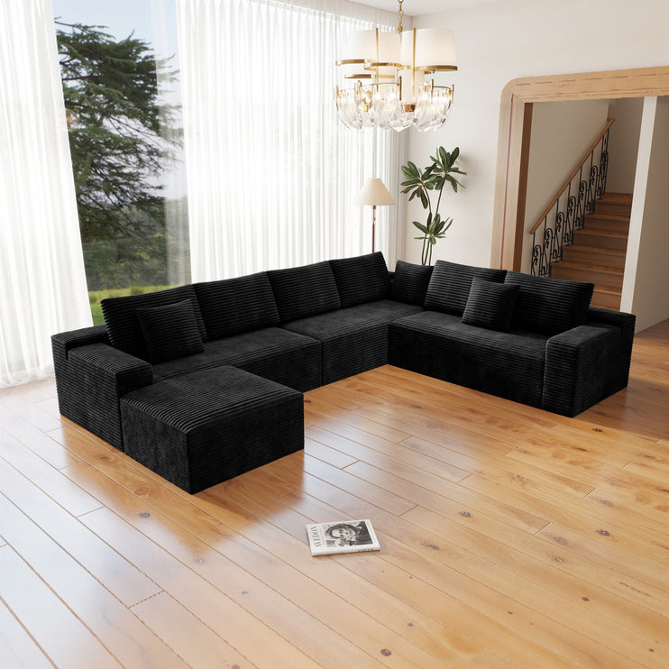137.8*104.3"Modular sectional sofa seat,Upholstered compressed couch for living room,Bedroom,Apartment,No assembly required,4 PC free combination,Plush corduroy fabric,BLACK