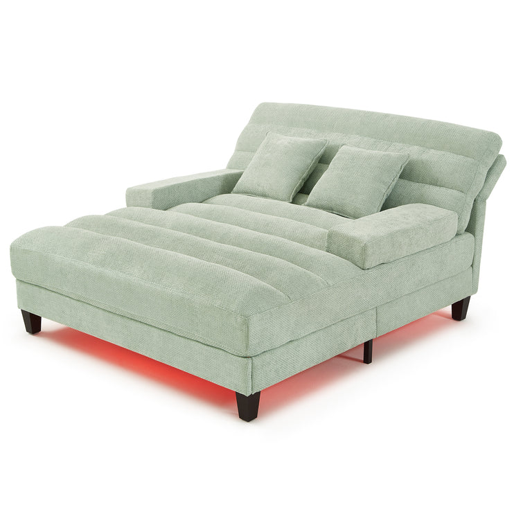 Modern Chaise Lounge Sofa 57.1" Sofa Bed Chenille Upholstered Lounge Sofa Chair with Adjustable Backrest and LED Light Strip for Living Room, Green