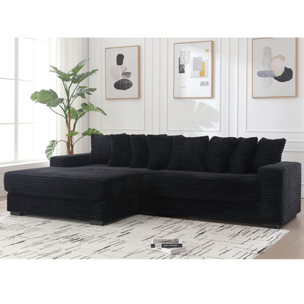 Oversized Two-Piece Couches, L Shaped Sofa, Corduroy, Left Chaise Daybed,with Armrests,Eight Throw Pillows,Corner Sofa,Easy To Assemble, Black