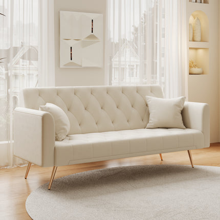 71 inch convertible love seat sofa, American retro beige velvet, suitable for small living room, bedroom, office