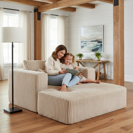 Oversized All-Foam Corduroy Lounge Chair with Ottoman, Modular Deep-Seat Floor Couch, Compressed Shipping & Easy Assembly, 50.98" W × 62.6" D × 23.62" H Chair-YKX-33010-Beige