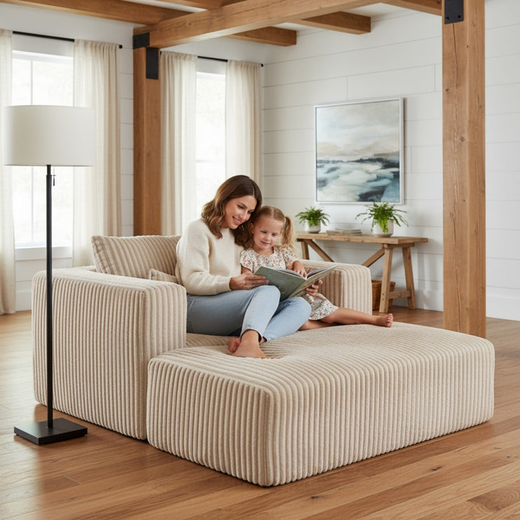 Oversized All-Foam Corduroy Lounge Chair with Ottoman, Modular Deep-Seat Floor Couch, Compressed Shipping & Easy Assembly, 50.98" W × 62.6" D × 23.62" H Chair-YKX-33010-Beige