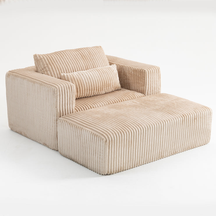 Oversized All-Foam Corduroy Lounge Chair with Ottoman, Modular Deep-Seat Floor Couch, Compressed Shipping & Easy Assembly, 50.98" W × 62.6" D × 23.62" H Chair-YKX-33010-Beige