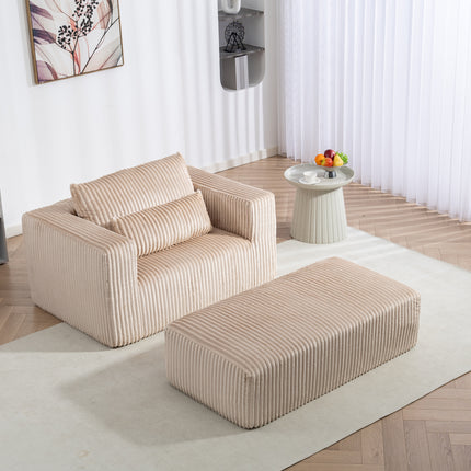 Oversized All-Foam Corduroy Lounge Chair with Ottoman, Modular Deep-Seat Floor Couch, Compressed Shipping & Easy Assembly, 50.98" W × 62.6" D × 23.62" H Chair-YKX-33010-Beige