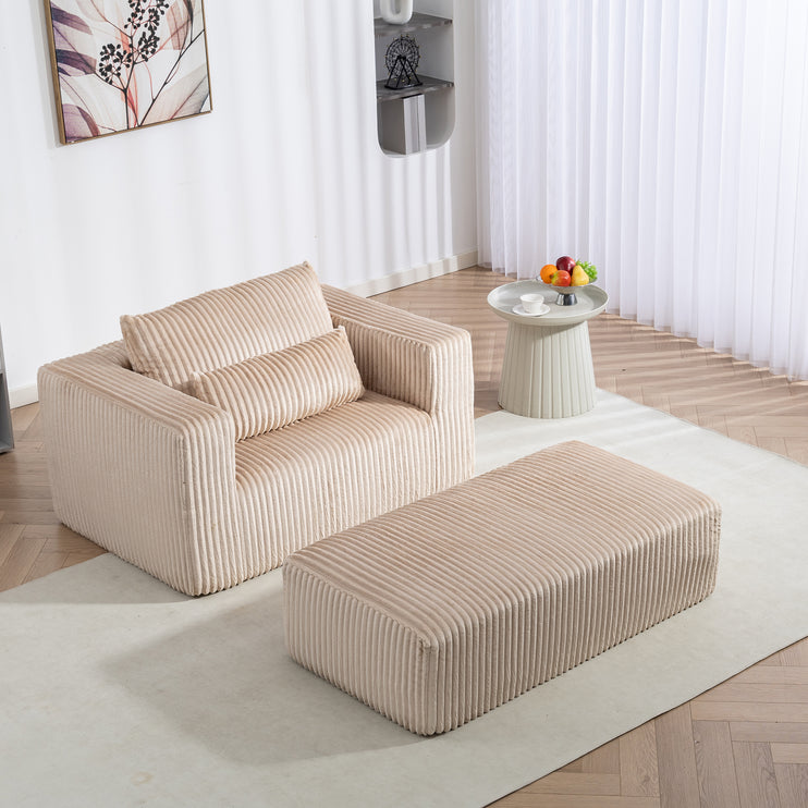 Oversized All-Foam Corduroy Lounge Chair with Ottoman, Modular Deep-Seat Floor Couch, Compressed Shipping & Easy Assembly, 50.98" W × 62.6" D × 23.62" H Chair-YKX-33010-Beige