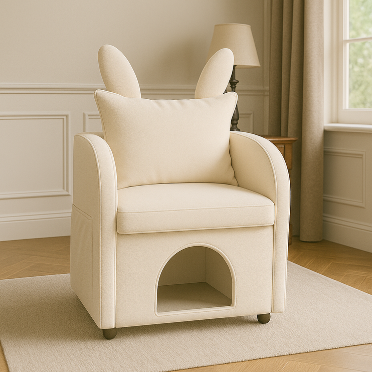 Beige Bunny-Ear Pet-Friendly Armchair with Built-in Cat & Dog Hideaway, Cozy Dual-Use Sofa Chair with Side Pocket, 27.4 x 25.2 x 37.4 inch