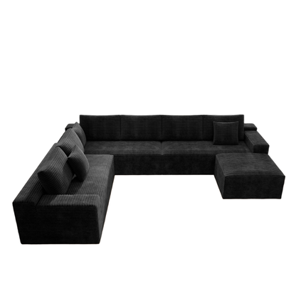 137.8*104.3"Modular sectional sofa seat,Upholstered compressed couch for living room,Bedroom,Apartment,No assembly required,4 PC free combination,Plush corduroy fabric,BLACK