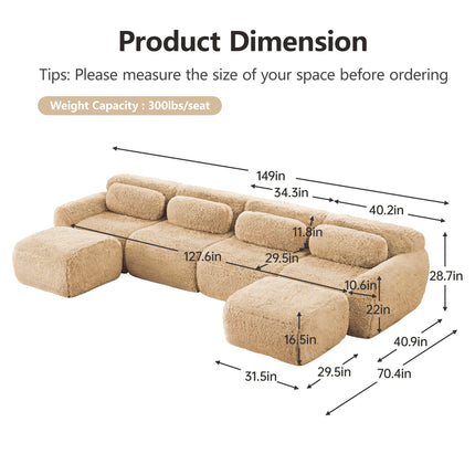 U-shaped Boneless Sofa 32D High Density Sponge Bottom Anti-Slip Design,No Assembly Required Ergonomic Design,Free Combination Full-compression Vacuum Packaging,For Living Rooms,Chcolate,Light Khaki