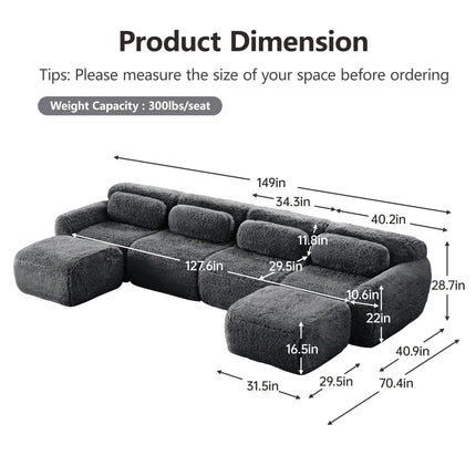 U-shaped Boneless Sofa 32D High Density Sponge Bottom Anti-Slip Design No Assembly Required Ergonomic Design Free Combination Full-compression Vacuum Packaging For Living Rooms,Studies,Dark Grey