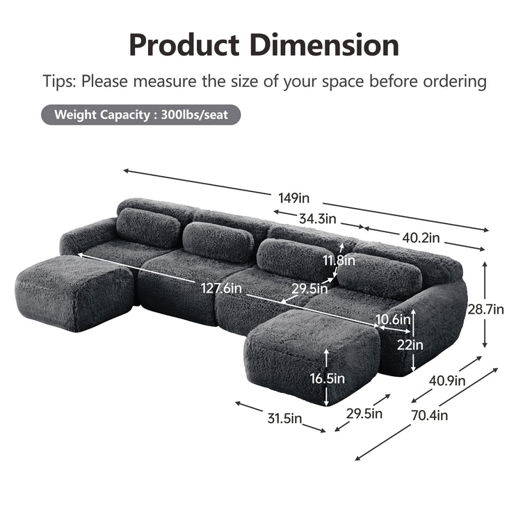 U-shaped Boneless Sofa 32D High Density Sponge Bottom Anti-Slip Design No Assembly Required Ergonomic Design Free Combination Full-compression Vacuum Packaging For Living Rooms,Studies,Dark Grey