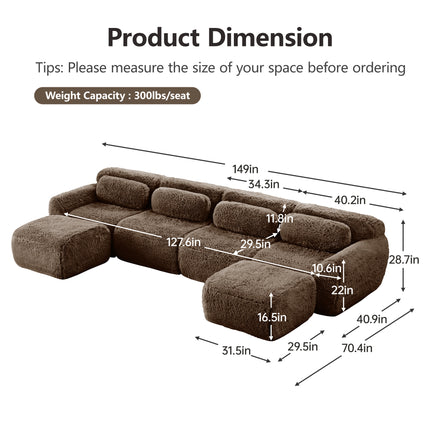 U-shaped Boneless Sofa,32D High Density Sponge Bottom,Anti-Slip Design,No Assembly Required,Ergonomic Design,Free Combination Full-compression Vacuum Packaging,For Living Rooms,Studies, Chocolate