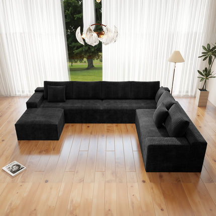 137.8*104.3"Modular sectional sofa seat,Upholstered compressed couch for living room,Bedroom,Apartment,No assembly required,4 PC free combination,Plush corduroy fabric,BLACK