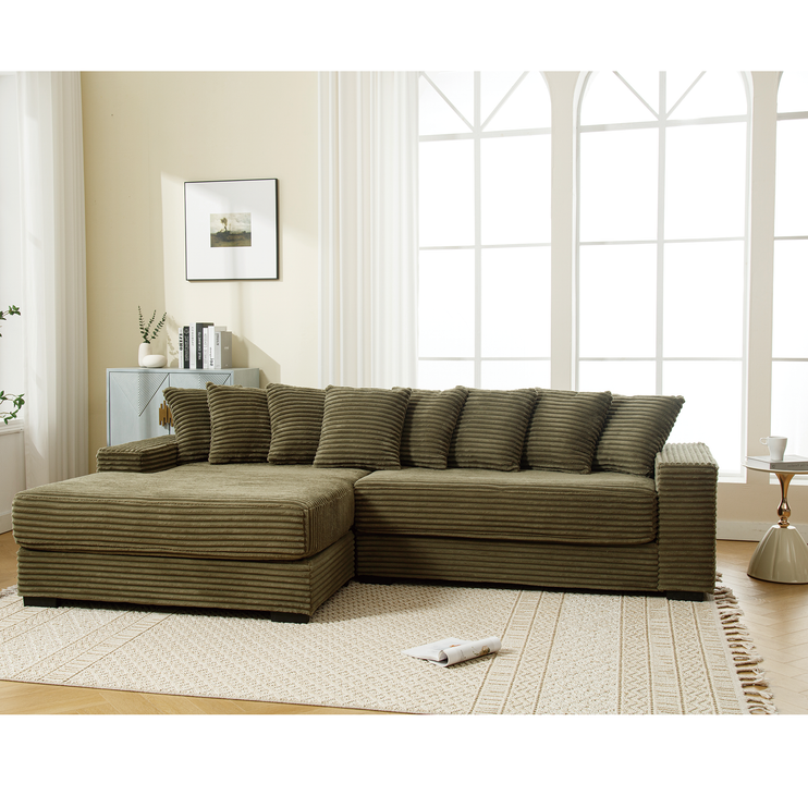 Oversized Two-Piece Couches, L Shaped Sofa, Corduroy, Left Chaise Daybed,with Armrests,Eight Throw Pillows,Corner Sofa,Easy To Assemble, Green