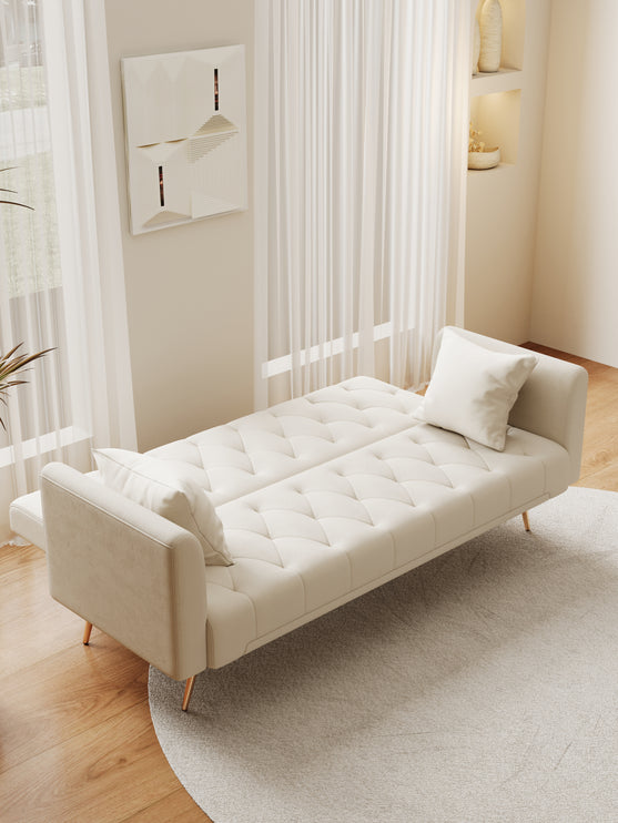 71 inch convertible love seat sofa, American retro beige velvet, suitable for small living room, bedroom, office