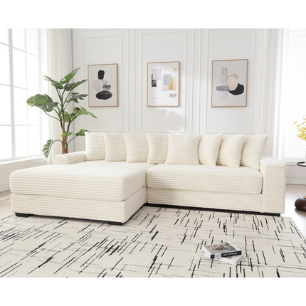 Oversized Two-Piece Couches, L Shaped Sofa, Corduroy, Left Chaise Daybed,with Armrests,Eight Throw Pillows,Corner Sofa,Easy To Assemble, Beige