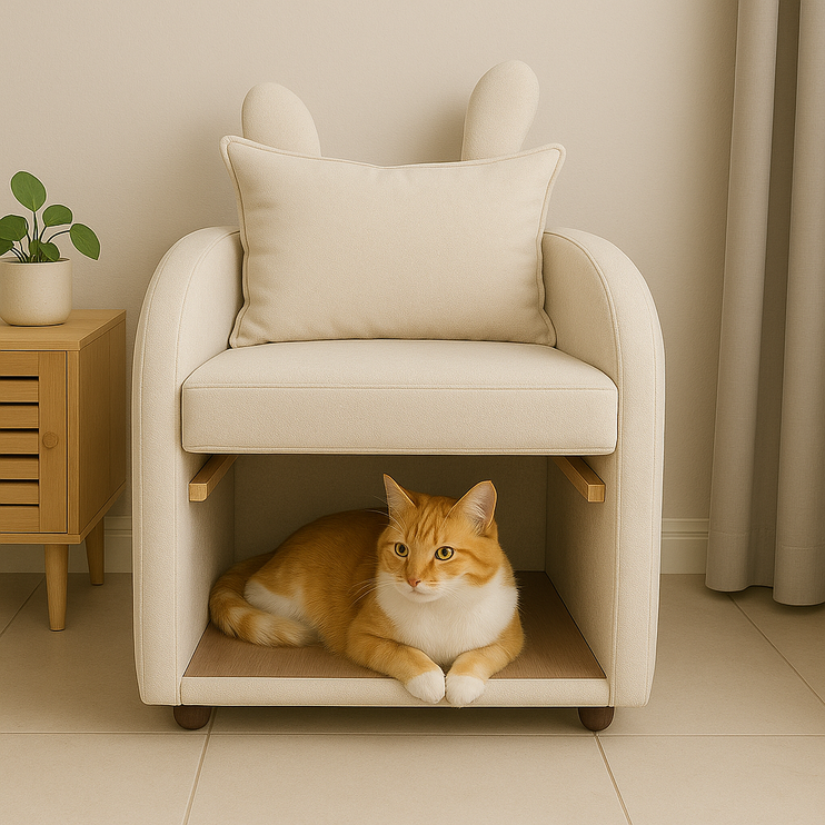 Beige Bunny-Ear Pet-Friendly Armchair with Built-in Cat & Dog Hideaway, Cozy Dual-Use Sofa Chair with Side Pocket, 27.4 x 25.2 x 37.4 inch