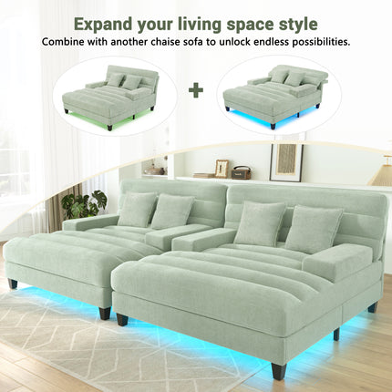 Modern Chaise Lounge Sofa 57.1" Sofa Bed Chenille Upholstered Lounge Sofa Chair with Adjustable Backrest and LED Light Strip for Living Room, Green