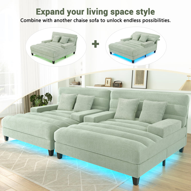 Modern Chaise Lounge Sofa 57.1" Sofa Bed Chenille Upholstered Lounge Sofa Chair with Adjustable Backrest and LED Light Strip for Living Room, Green