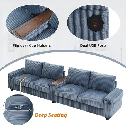 4-seater Corduroy Sofa Couch 133" Modern Sofa with USB Ports, Hidden Storage Arms, Flip-Top Cup Holders for Living Room, Blue