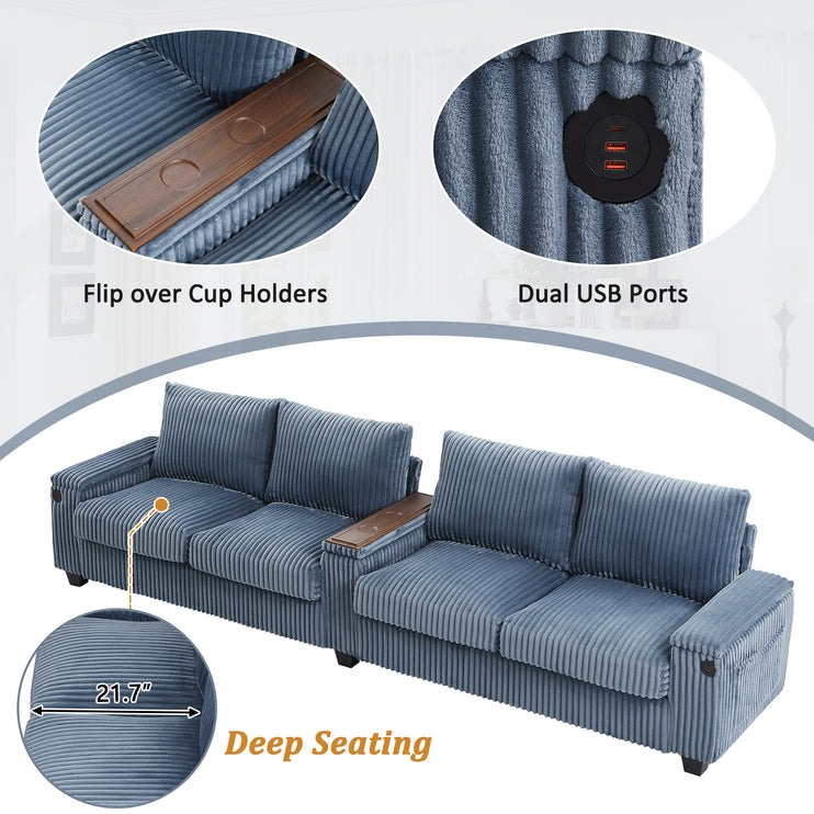 4-seater Corduroy Sofa Couch 133" Modern Sofa with USB Ports, Hidden Storage Arms, Flip-Top Cup Holders for Living Room, Blue
