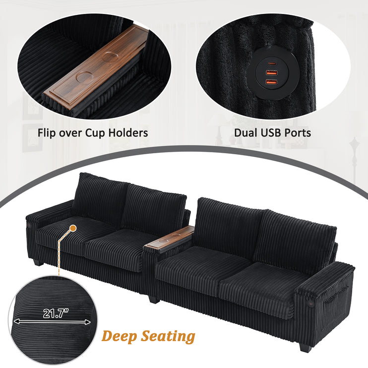 4-seater Corduroy Sofa Couch 133" Modern Sofa with USB Ports, Hidden Storage Arms, Flip-Top Cup Holders for Living Room, Black