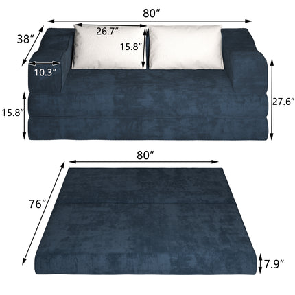 80" Convertible Couch Bed with 2 Pillows, 3-Seat Folding Floor Couch & King Size Bed Mattress, DIY Combination,Chenille,Blue