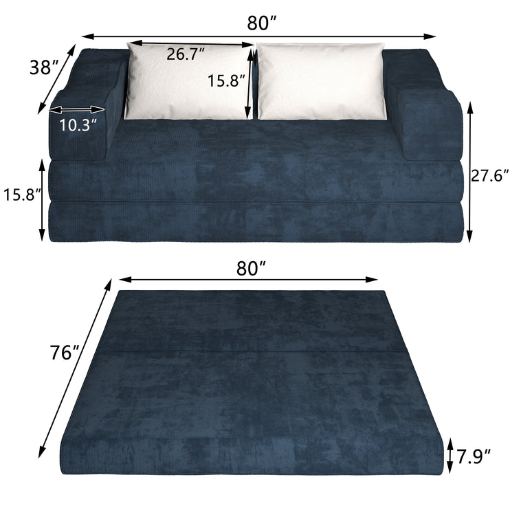 80" Convertible Couch Bed with 2 Pillows, 3-Seat Folding Floor Couch & King Size Bed Mattress, DIY Combination,Chenille,Blue