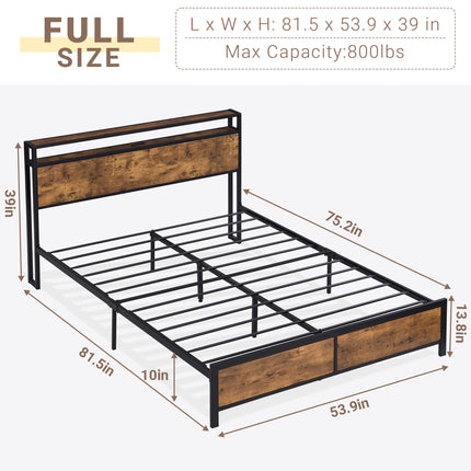 Full/ Queen Bed Frame with Charging Station & RGB LED Light,, Wooden & Metal Bed Frame