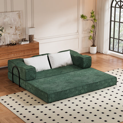 80" Convertible Couch Bed with 2 Pillows, 3-Seat Folding Floor Couch & King Size Bed Mattress, DIY Combination,Chenille,GREEN