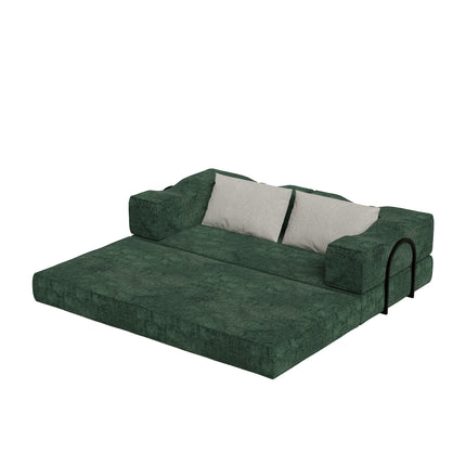 80" Convertible Couch Bed with 2 Pillows, 3-Seat Folding Floor Couch & King Size Bed Mattress, DIY Combination,Chenille,GREEN