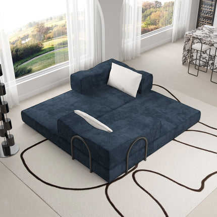 80" Convertible Couch Bed with 2 Pillows, 3-Seat Folding Floor Couch & King Size Bed Mattress, DIY Combination,Chenille,Blue