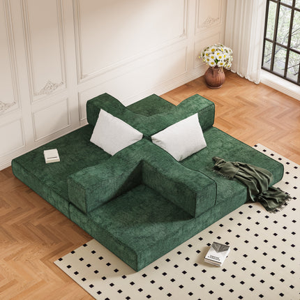 80" Convertible Couch Bed with 2 Pillows, 3-Seat Folding Floor Couch & King Size Bed Mattress, DIY Combination,Chenille,GREEN